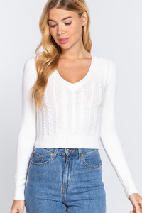 Long Sleeve V-neck Cable Sweater  -40677
