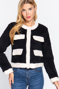 Long Sleeve Pocket Detail Faux Fur Jacket-40662 Long Sleeve Pocket Detail Faux Fur Jacket-40662