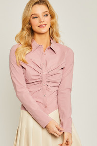 Woven Solid Ruched Front Long Sleeve-40586