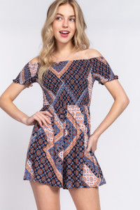 Off Shoulder Smoked Print Woen Romper     -42142 Off Shoulder Smoked Print Woen Romper     -42142