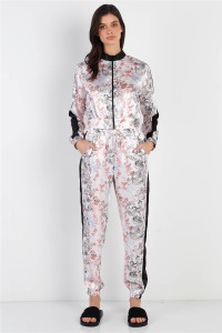 Black Contrast Satin Effect Multi Color Print Zip-up Jacket & Pants Set-40983 Black Contrast Satin Effect Multi Color Print Zip-up Jacket & Pants Set-40983