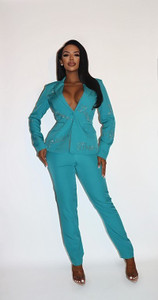 2 Piece Powersuit Blazer & Pants Set With Rhinestone Letterings On Blazer-40572 2 Piece Powersuit Blazer & Pants Set With Rhinestone Letterings On Blazer-40572