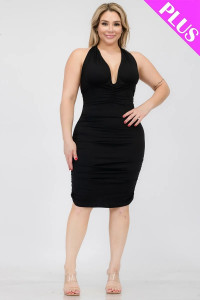 Plus Plunging Neck Crisscross Back Ruched Bodycon Mini Dress-40783 Plus Plunging Neck Crisscross Back Ruched Bodycon Mini Dress-40783