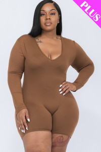 Plus V-neck Long Sleeve Bodycon Romper-40774 Plus V-neck Long Sleeve Bodycon Romper-40774