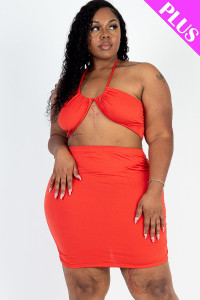 Plus Size Sexy Solid Crisscross Halter Top & Ruched Mini Skirt Set-40758 Plus Size Sexy Solid Crisscross Halter Top & Ruched Mini Skirt Set-40758