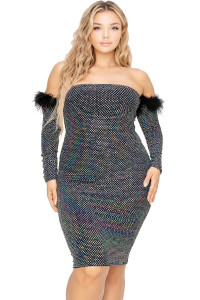 Plus Off Shoulder Feather Trim Detail Sequin Dress-41213 Plus Off Shoulder Feather Trim Detail Sequin Dress-41213