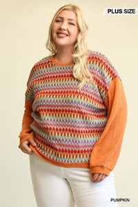 Novelty Knit And Solid Knit Mixed Loose Top With Drop Down Shoulder-41499 Novelty Knit And Solid Knit Mixed Loose Top With Drop Down Shoulder-41499