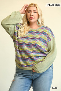 Novelty Knit And Solid Knit Mixed Loose Top With Drop Down Shoulder-41498 Novelty Knit And Solid Knit Mixed Loose Top With Drop Down Shoulder-41498