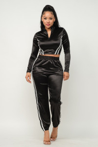 Front Zip Up Stripes Detail Jacket And Pants Set-42967 Front Zip Up Stripes Detail Jacket And Pants Set-42967