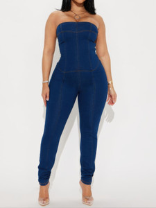 Strapless Denim Jumpsuit With Lace Up Back-46700 Strapless Denim Jumpsuit With Lace Up Back-46700