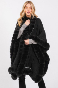 Faux Fur Collar And Trim Cape With Closure-51388 Faux Fur Collar And Trim Cape With Closure-51388