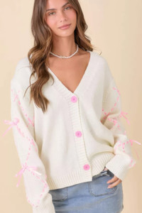 Hand Sewn Satin Ribbon Detail On Sleeve Cardigan-48421 Hand Sewn Satin Ribbon Detail On Sleeve Cardigan-48421