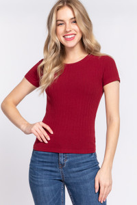 Short Slv Crew Neck Variegated Rib Knit Top-42134 Short Slv Crew Neck Variegated Rib Knit Top-42134