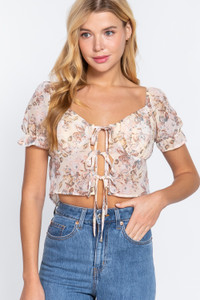Short Slv Front Tie Print Woven Top           -41723 Short Slv Front Tie Print Woven Top           -41723