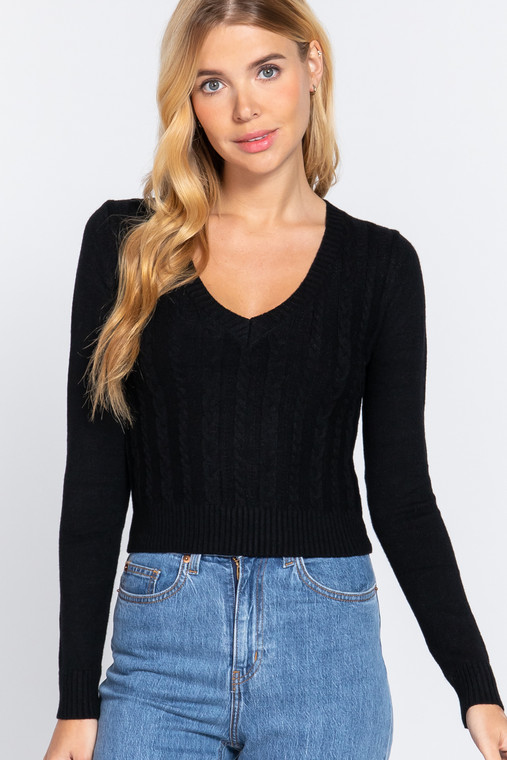 Long Sleeve V-neck Cable Sweater  -40673