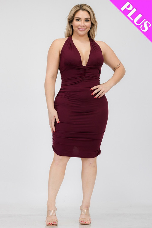 Plus Plunging Neck Crisscross Back Ruched Bodycon Mini Dress-40784 Plus Plunging Neck Crisscross Back Ruched Bodycon Mini Dress-40784