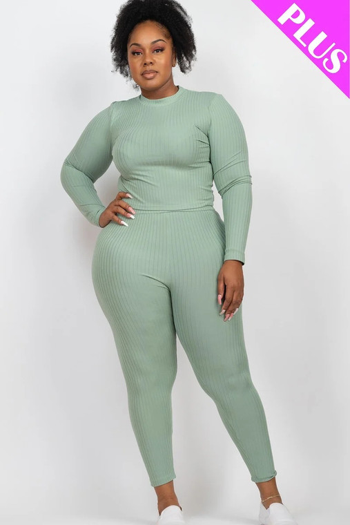 Plus Ribbed Mock Neck Long Sleeve Top & Leggings Set-40766