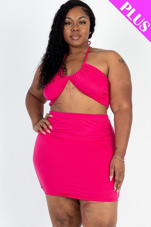 Plus Size Sexy Solid Crisscross Halter Top & Ruched Mini Skirt Set-40757 Plus Size Sexy Solid Crisscross Halter Top & Ruched Mini Skirt Set-40757
