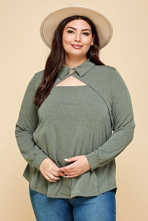 Plus Size Solid Long Sleeve Fashion Top-40930 Plus Size Solid Long Sleeve Fashion Top-40930