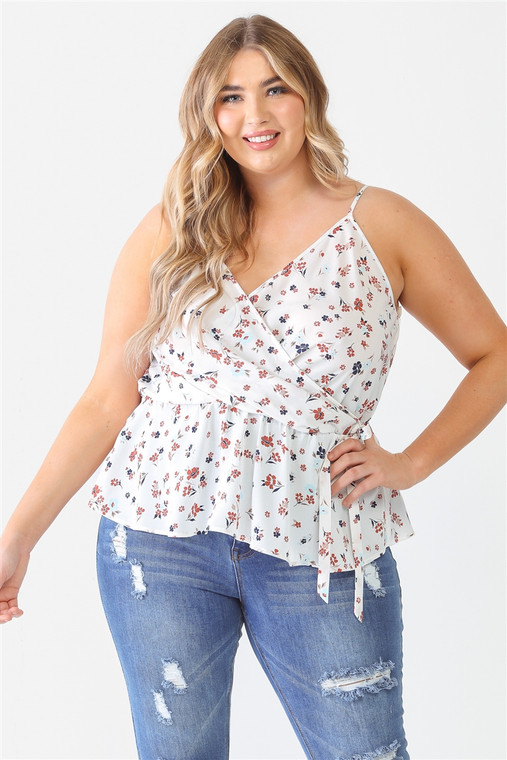 Plus Floral Sleeveless Wrap Neck Flare Hem Top-41694 Plus Floral Sleeveless Wrap Neck Flare Hem Top-41694