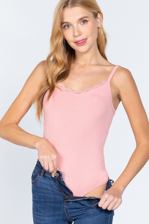 Heavy Rib Cami W/lace Bodysuit-34754