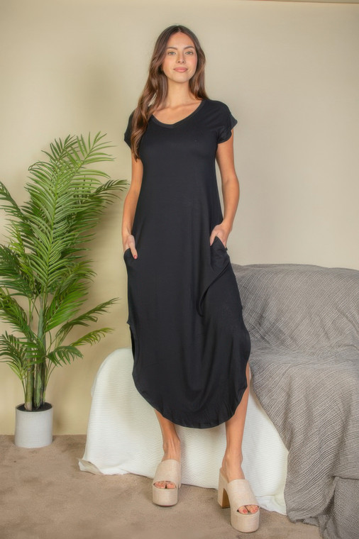 Hidden Pocket Batwing Sleeve V Neck Long Dress-52334 Hidden Pocket Batwing Sleeve V Neck Long Dress-52334