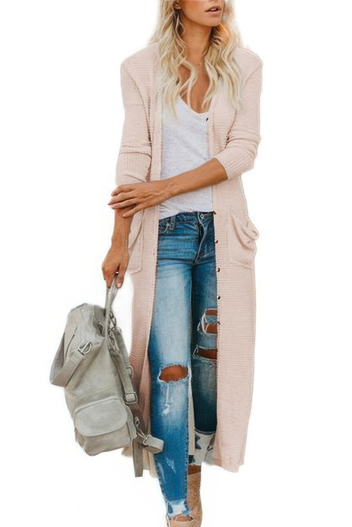 Solid Button Down Front Pocket Knitted Cardigan-48480 Solid Button Down Front Pocket Knitted Cardigan-48480