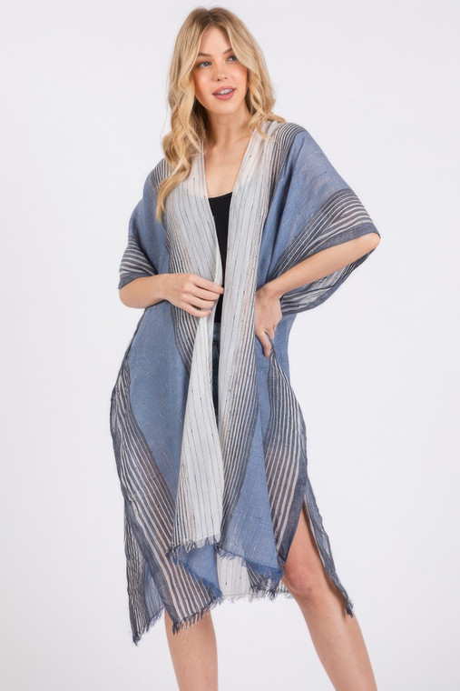 Striped Two Tone Cover Up Kimono-47601 Striped Two Tone Cover Up Kimono-47601