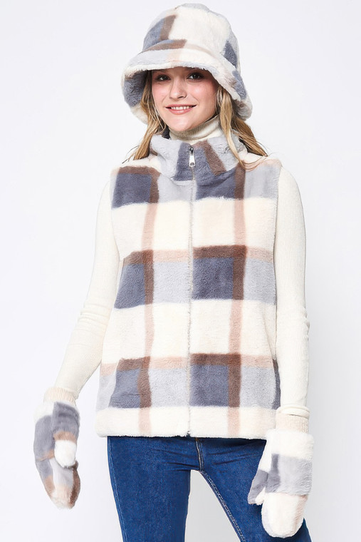 Plaid Faux Fur Vest-46974 Plaid Faux Fur Vest-46974