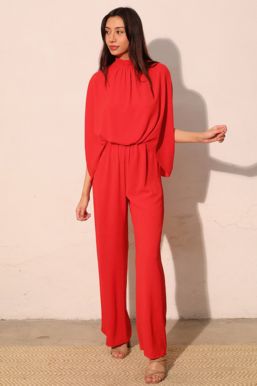 Textured Solid Mock Neck Caftan Jumpsuit-54748