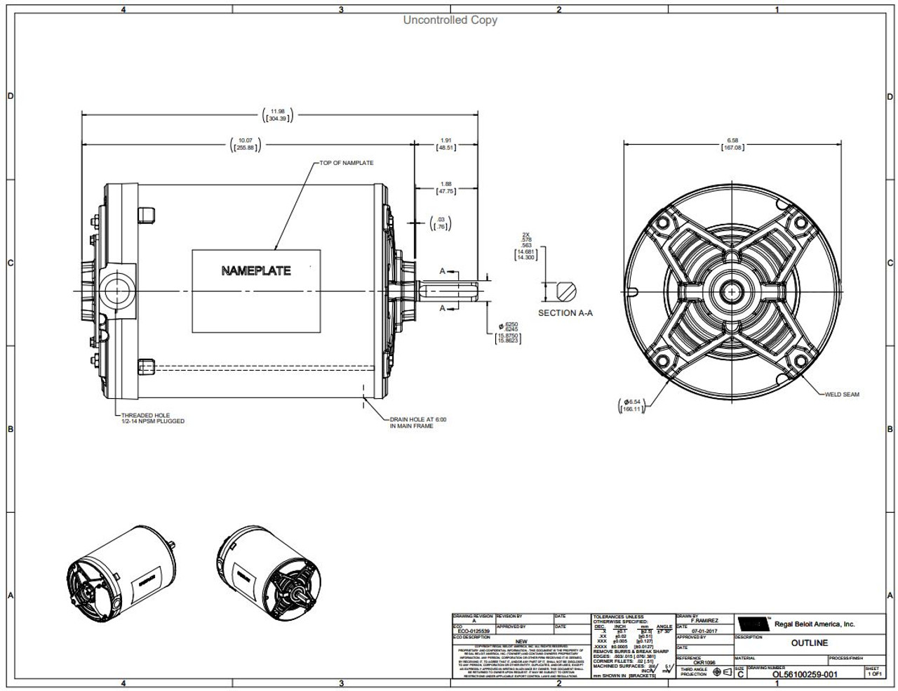 OKR1096V1 Century Krack Condenser Motor 11096 1/2 hp 1140 RPM 208