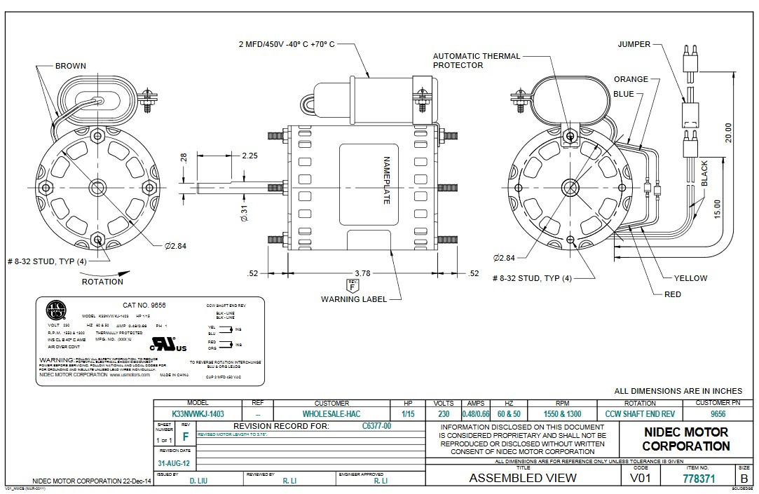 ニカページ 9656 Nidec | 1/15 hp 1550 RPM 1-Speed 230V; 3.3
