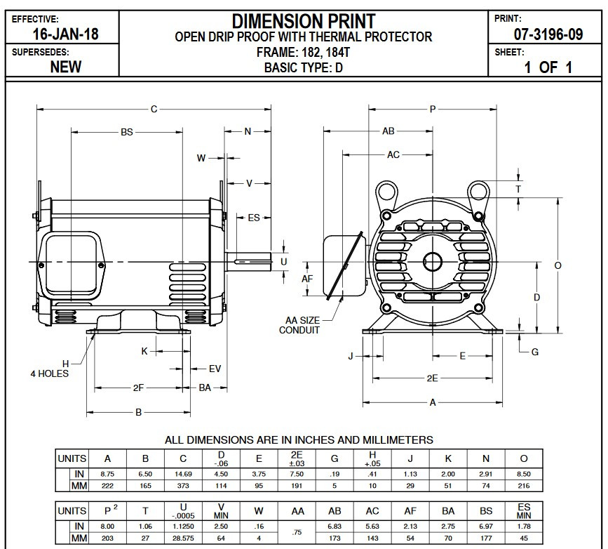 D5P2D Nidec | 5 hp 1800 RPM 184T Frame 208-230/460V ODP Motor