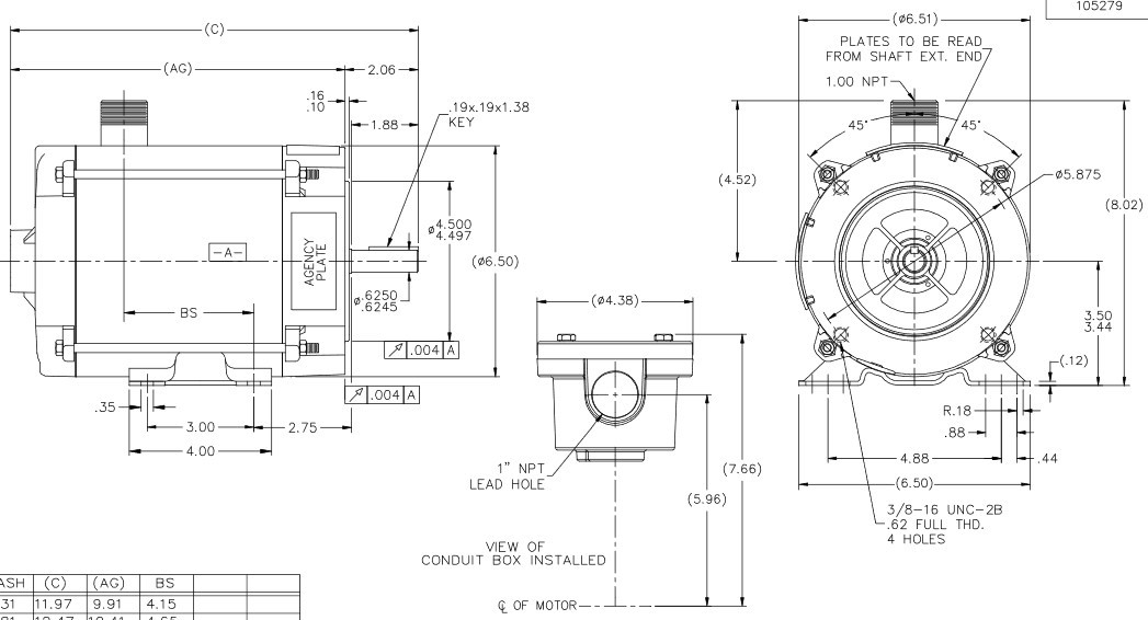 Y604 Marathon 1 hp 1800 RPM 3-Phase 56C Frame TENV (rigid base