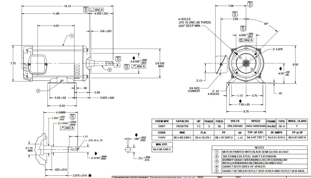 EEQK750 US Motors 7 1/2 hp 3490 RPM 3-phase 184JMZ Frame 208-230V/460