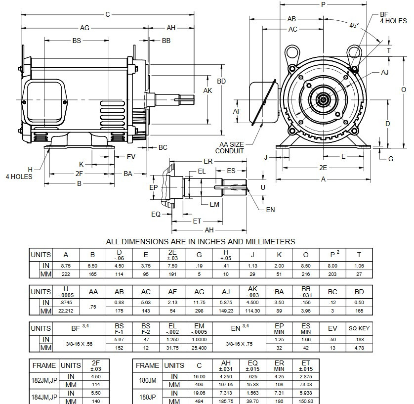 DJ3P2DM US Motors 3 hp 1800 RPM 3-phase 182JM Frame 208-230/460V