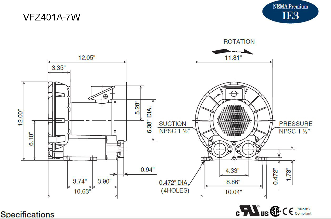 VFZ401A-7W Fuji Regenerative Blower 1.4 hp, 208-230/460 Volts