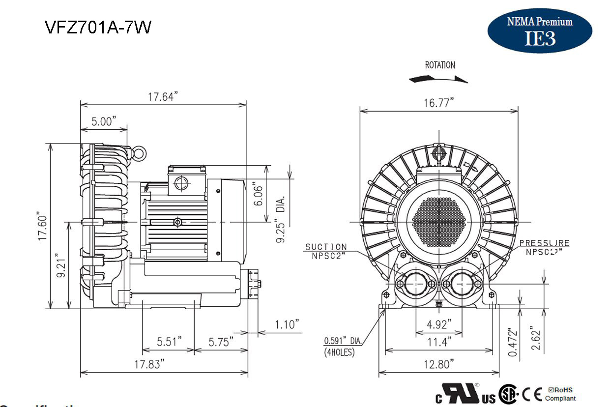 ふうページ VFZ701A-7W Fuji Regenerative Blower 6.7 hp, 208-230/460 Volts