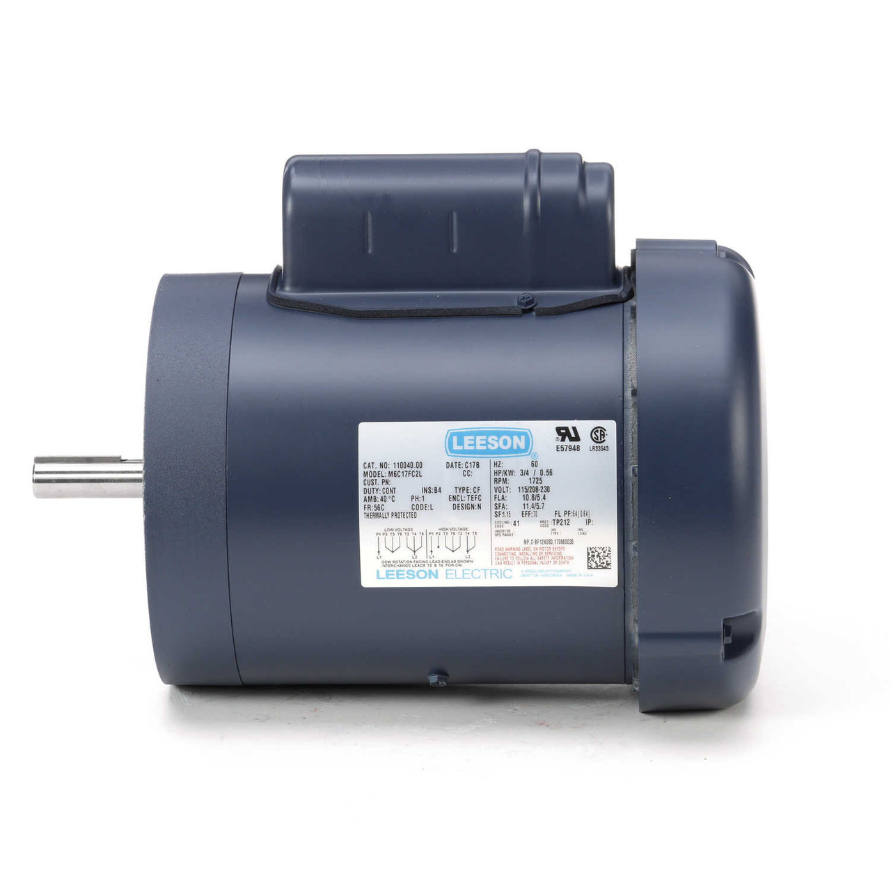 110040.00 Leeson | 3/4 hp 1800 RPM 56C Frame TEFC C-Face (no base