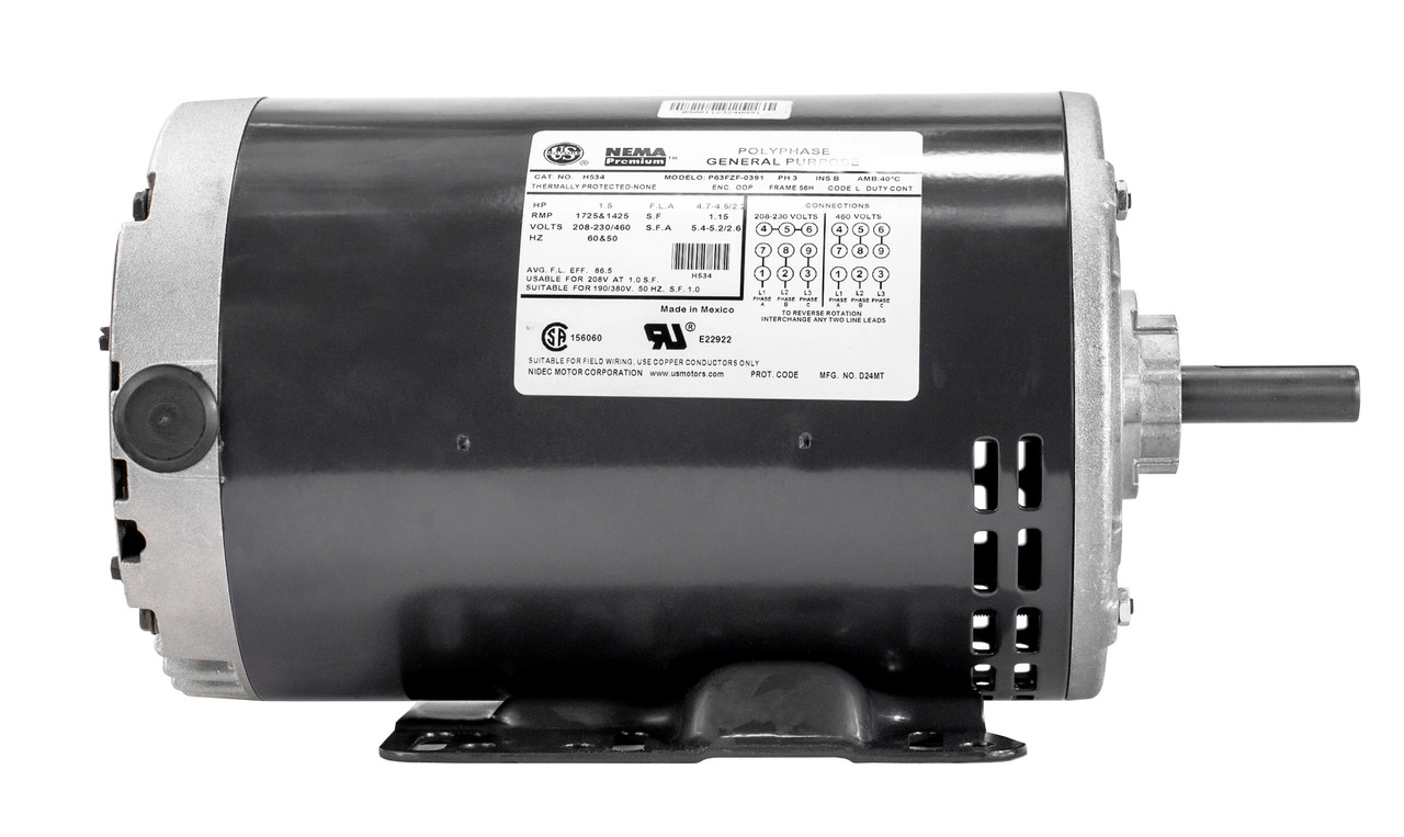 H534L 1.5 hp 1725 RPM 56H Frame (Rigid Base) 3 Phase 208-230/460V
