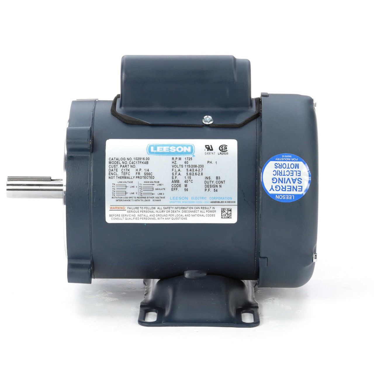 102916.00 Leeson | 1/4 hp 1725 RPM 56C Frame TEFC C-Face- Rigid