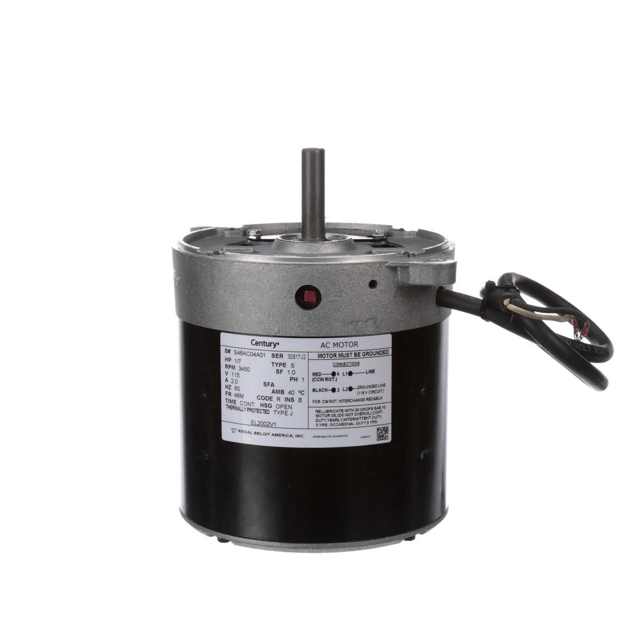 Oil Burner Motor 1/7 HP 3450 RPM 48M Frame CW 115V Century EL2002V1