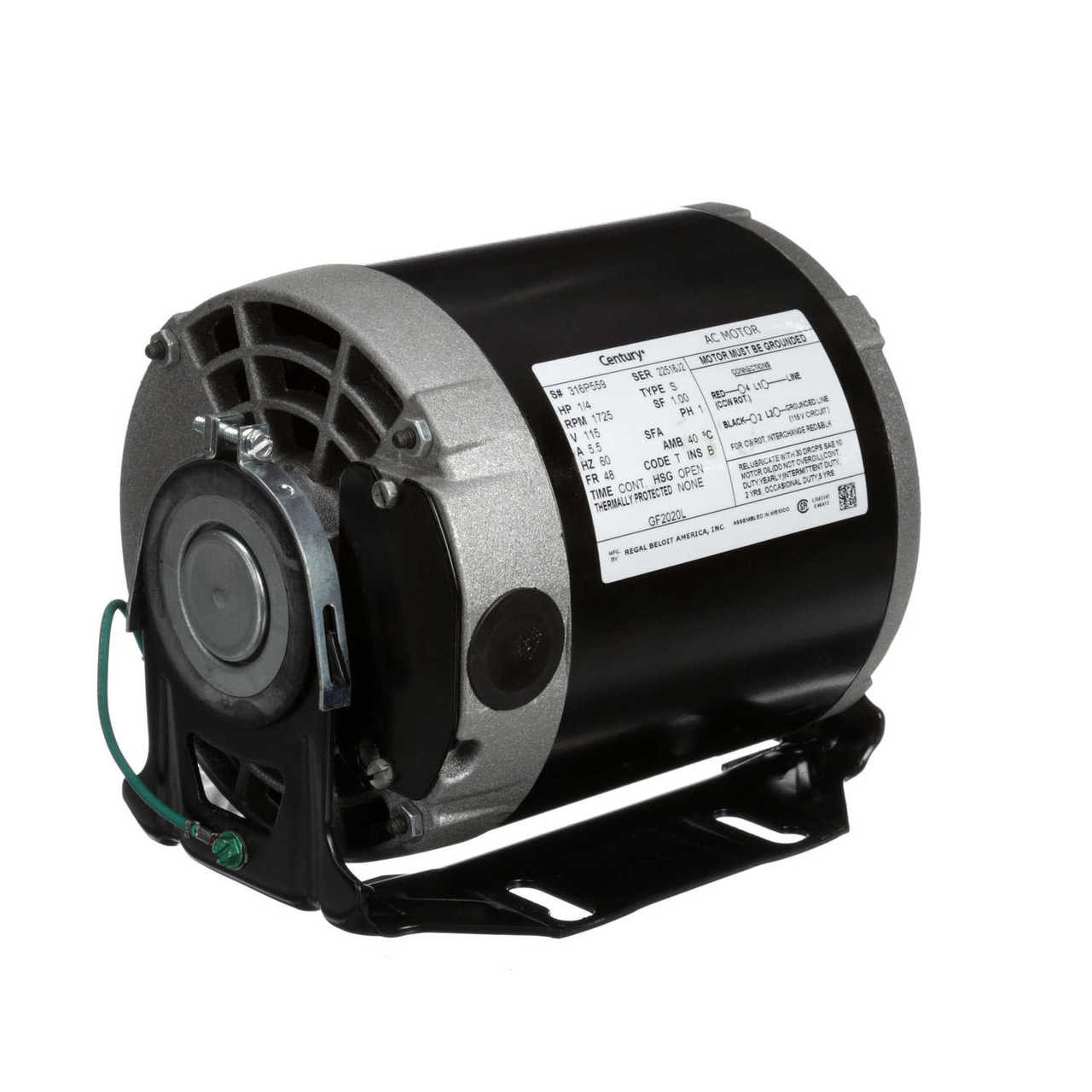 GF2020L Century 1/4 hp 1725 RPM 48 Frame 115V Belt Drive Blower Motor  Century # GF2020L