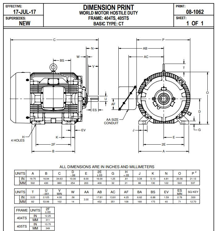 HD100P2ES Nidec 100 hp 1800 RPM 405TS Frame 208230/460V TEFC Nidec