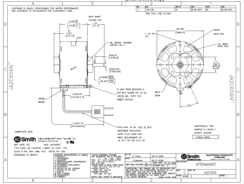 Fasco D0636 Motor 1/88 HP 1320 RPM 115V 3.3" Dia. CW Rotation Nutone