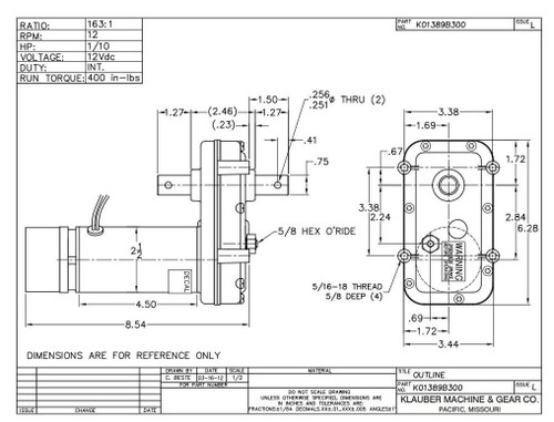 K01389B300 Klauber RV Slide Out Motor (Replaces K01389A300, K01405A300)