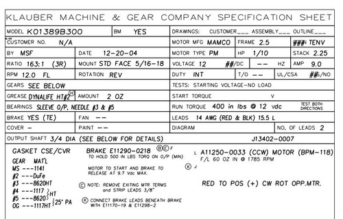 K01389B300 Klauber RV Slide Out Motor (Replaces K01389A300, K01405A300)