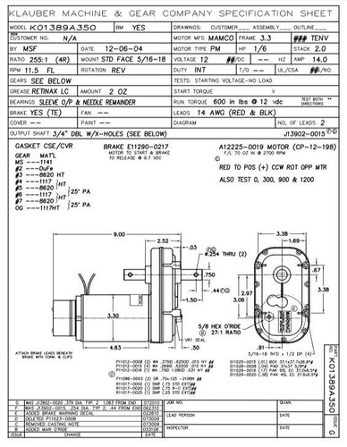 Klauber RV Slide Out Motor # K01389A350