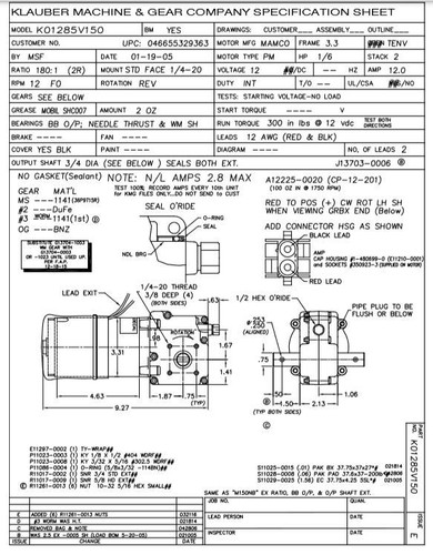 Klauber RV Slide Out Motor # K01285V150