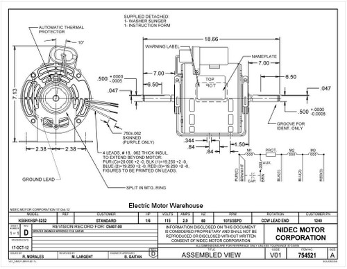 1240 Nidec | 1/6 hp 1075 RPM 3-Speed 5 5/8" 115V Direct Drive Furnace Motor